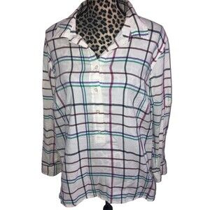 Talbots Top Blouse Size 2X Henley White Plaid Sheer Academia 100% Cotton
